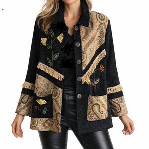 Easy Wear Jacket Artisan Patchwork Embroidery Paisley Fringe Multi BlackCamel 1X